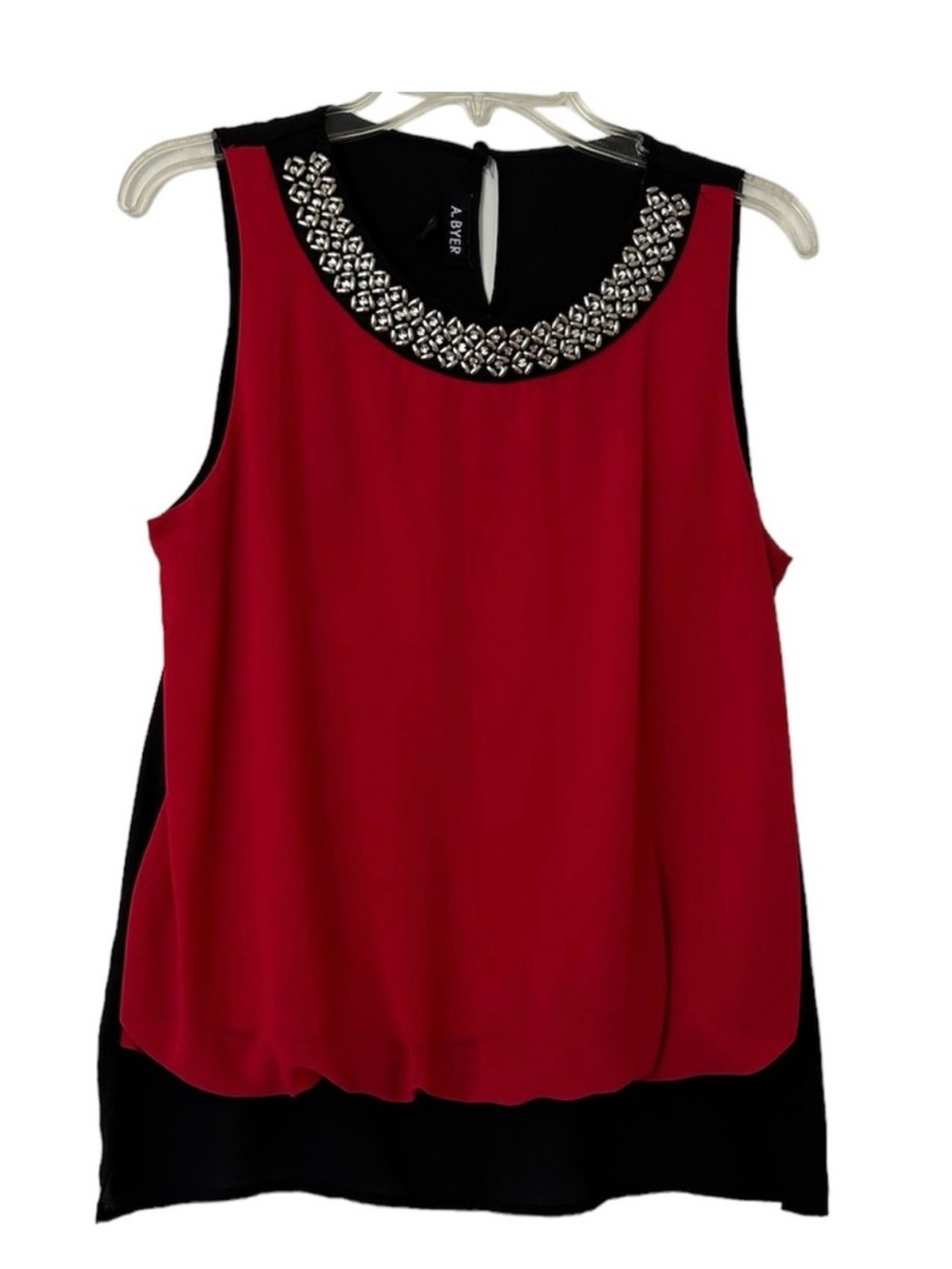 A. Byer Red and Black Sleeveless Jewel-Neck Blouse